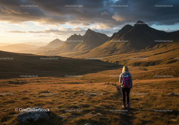 Majestic Mountain Landscape with Woman Hiking in Scenic Valley