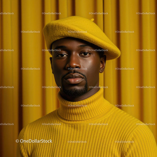 Stylish man wearing yellow beret and turtleneck sweater
