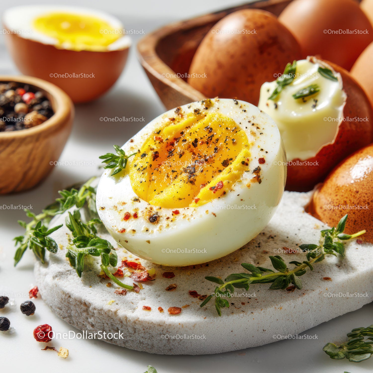 Close-up of Soft Boiled Egg with Herbs and Spices on Stone Surface
