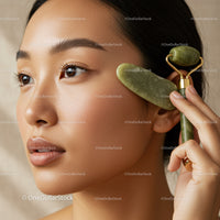 Asian Woman Using Jade Facial Roller for Skin Rejuvenation and Relaxation