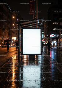 Night City Street with Illuminated Bus Stop and Neon Signs