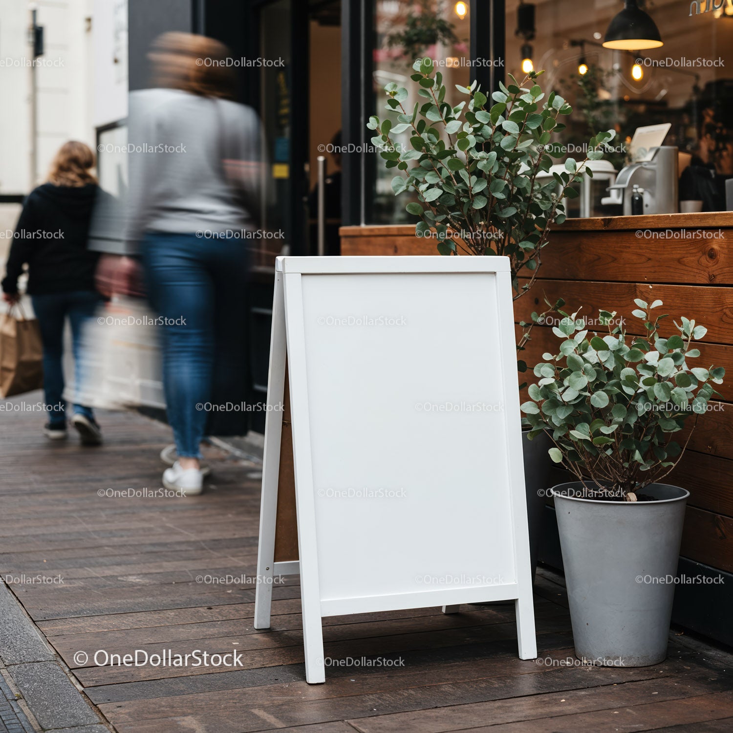Blank white sidewalk board outside modern cafe entrance