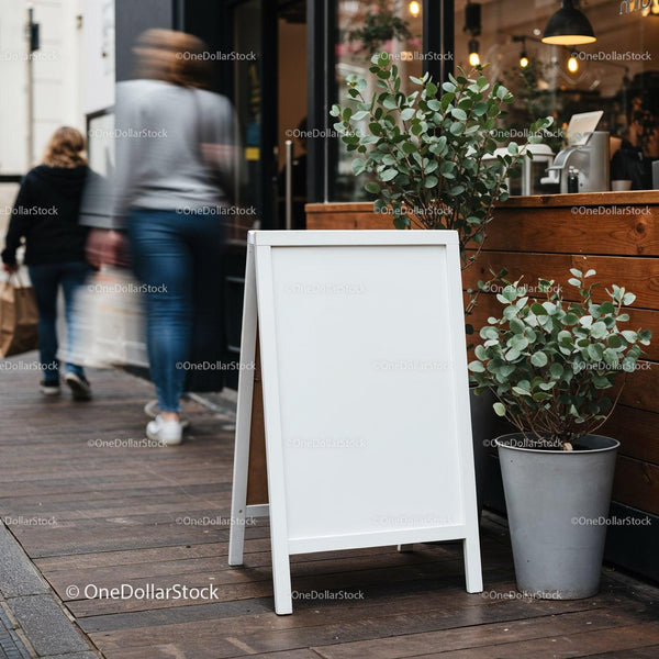 Blank white sidewalk board outside modern cafe entrance JPG Mockup Image