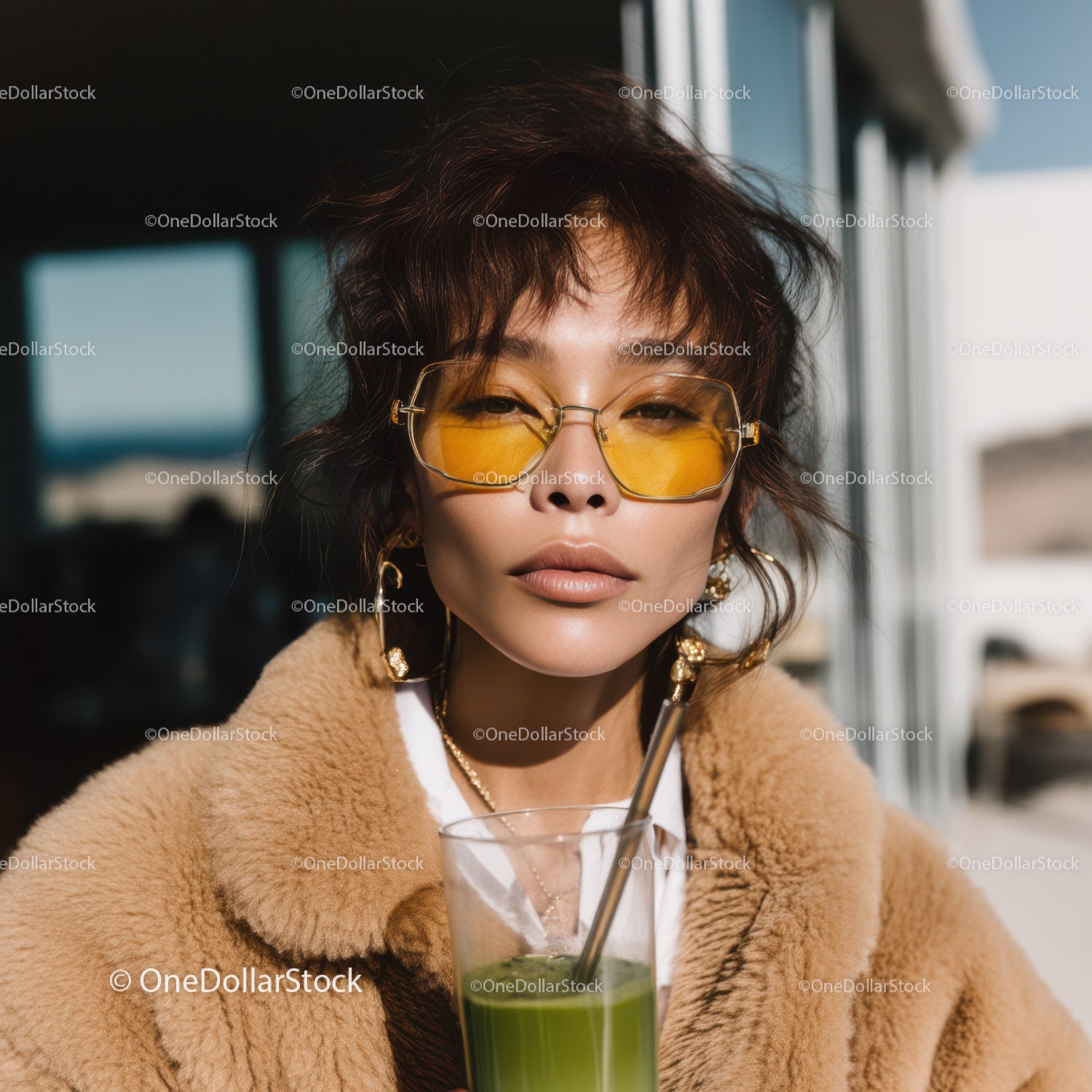 Stylish Woman in Yellow Sunglasses Sipping Green Juice Outdoors
