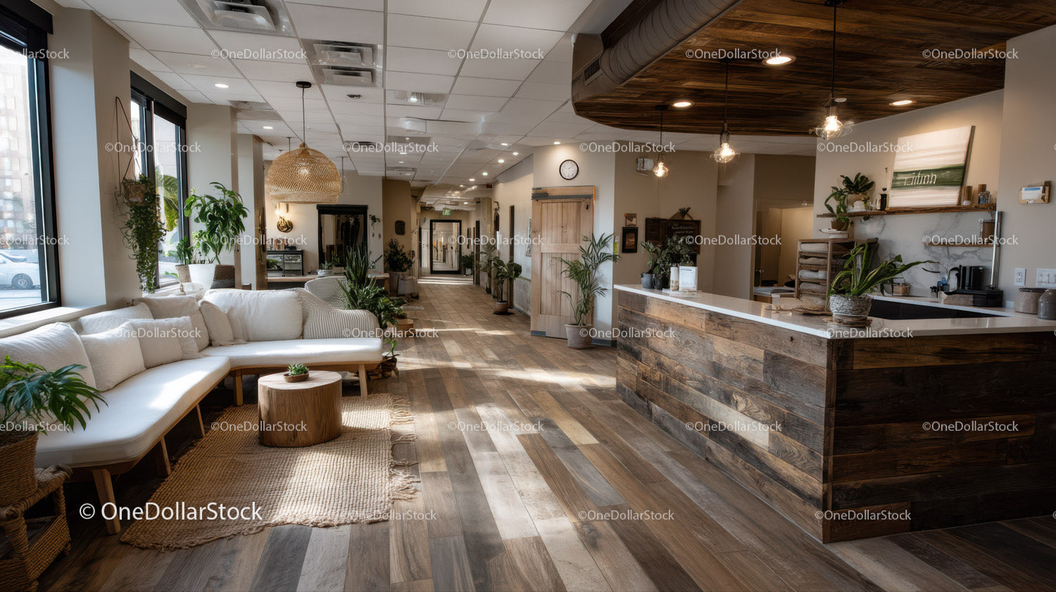 Modern Cozy Lounge with Wooden Floors and Indoor Plants