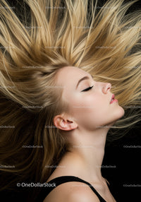 Blonde woman with flowing hair and closed eyes profile