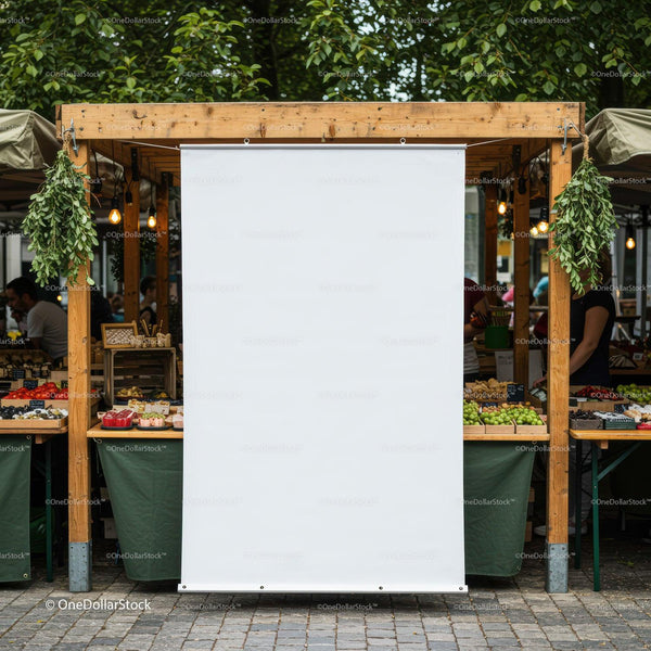 Empty white banner at vibrant outdoor farmers market stall JPG Mockup Image