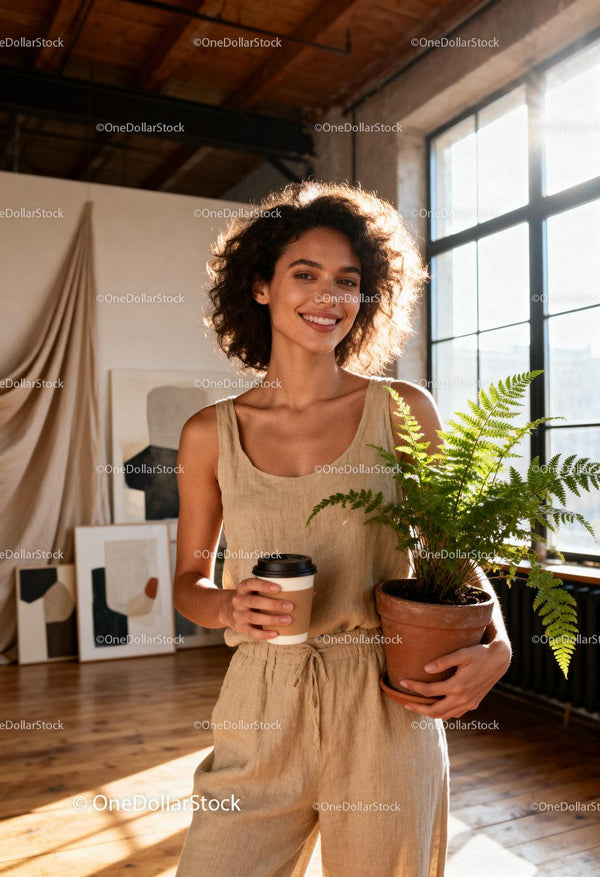 Smiling woman holding potted fern and coffee cup indoors
