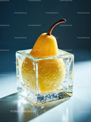 Yellow pear encased in a clear ice cube