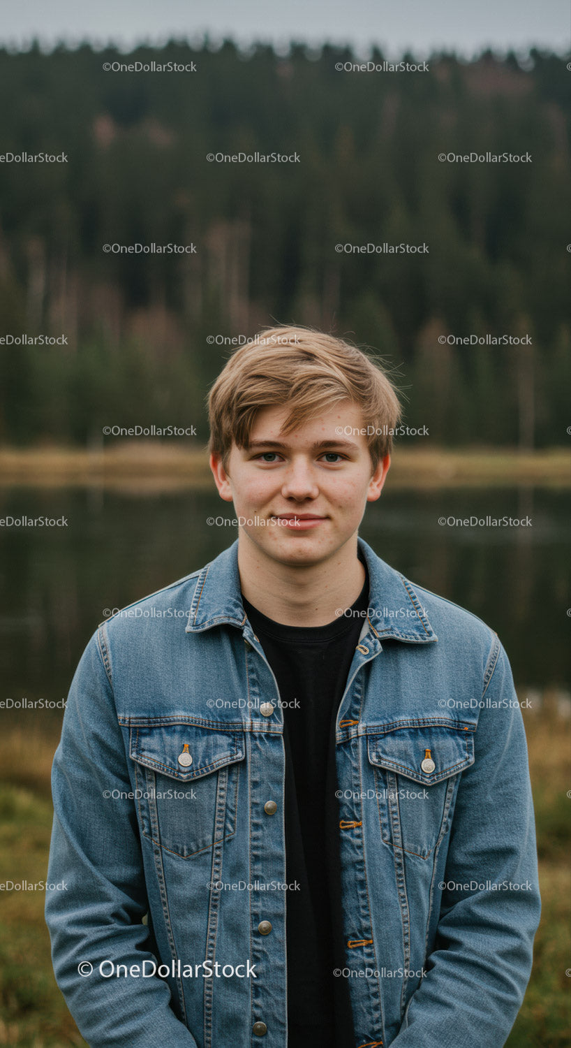 Young Man in Denim Jacket Outdoors Near Lake and Forest