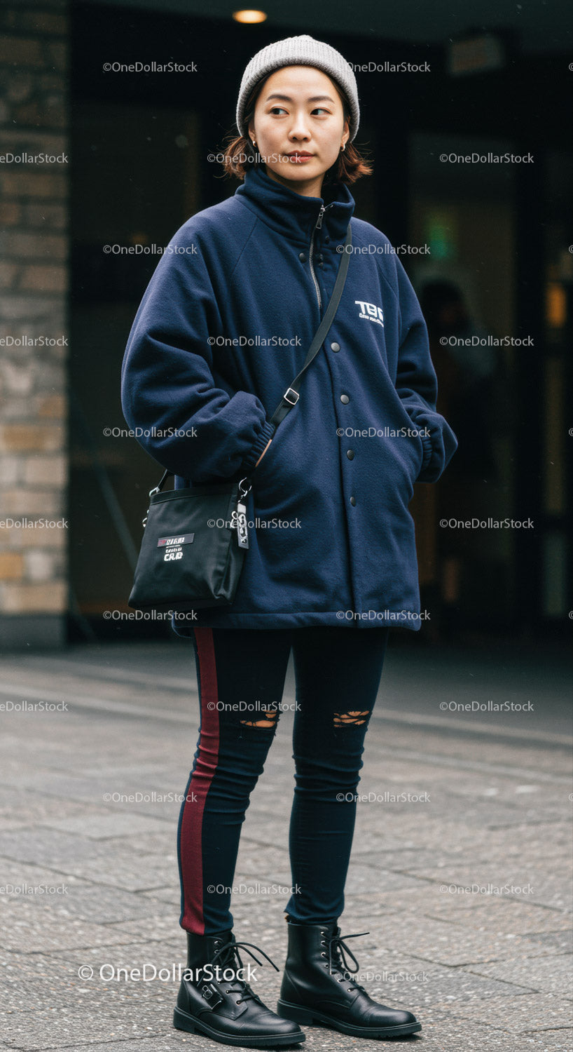 Youthful woman in casual streetwear standing outdoors in urban environment