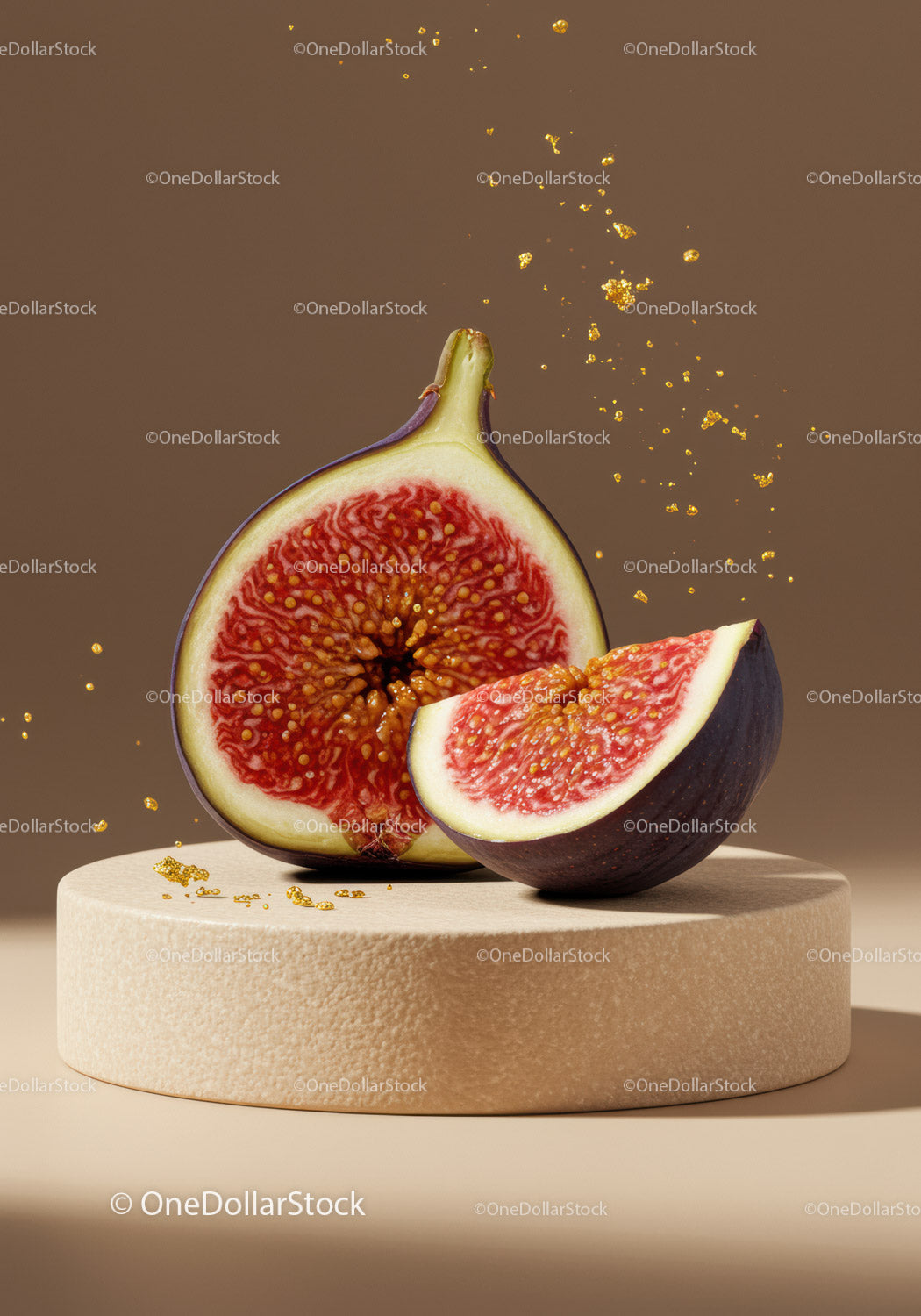 Fresh ripe fig sliced on textured beige pedestal