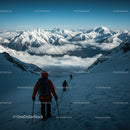 Snowy Mountain Range with Climbers and Dramatic Sky