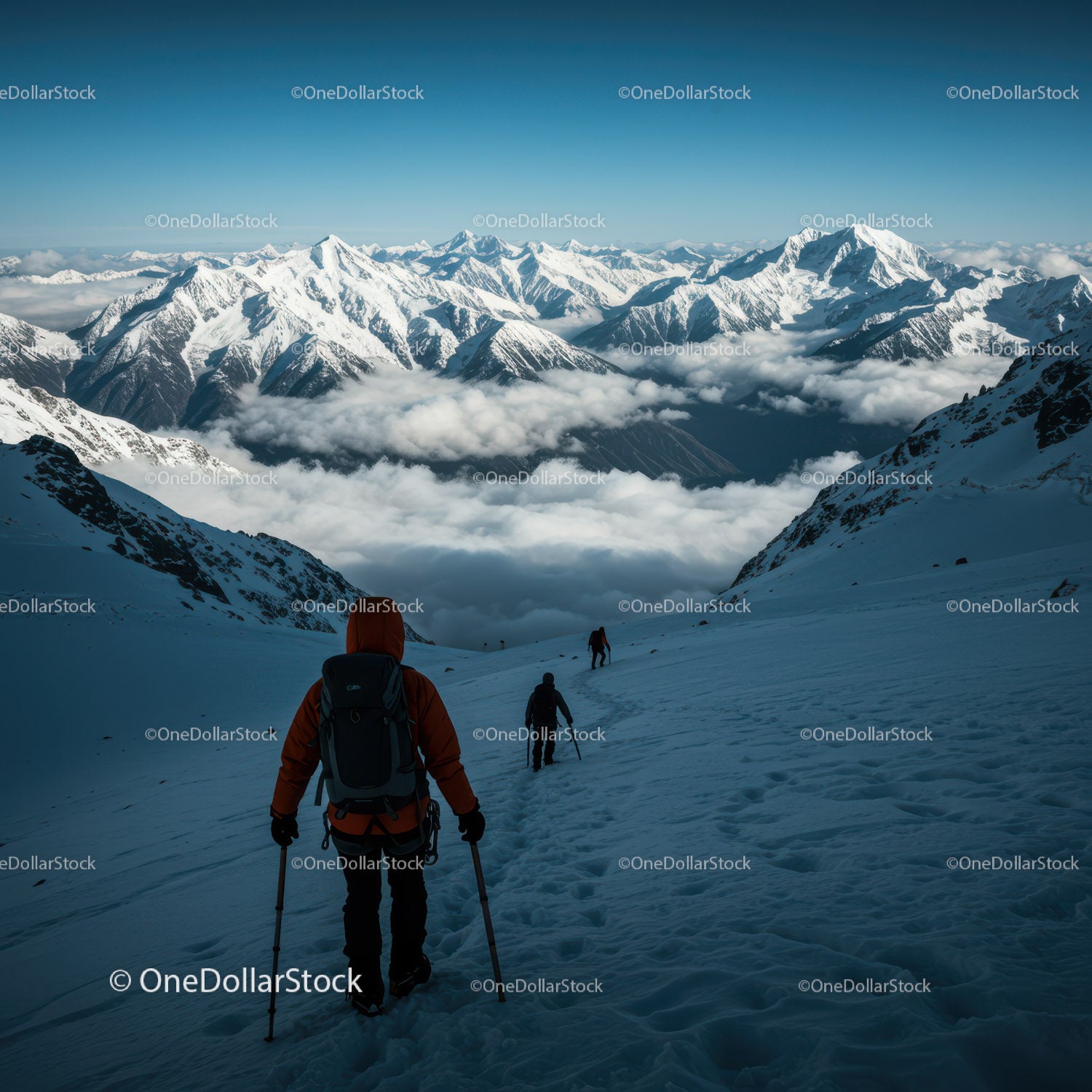 Snowy Mountain Range with Climbers and Dramatic Sky