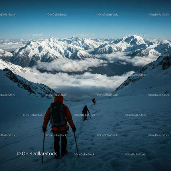 Snowy Mountain Range with Climbers and Dramatic Sky