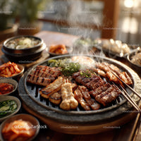 Korean Barbecue Platter with Grilled Meat and Side Dishes