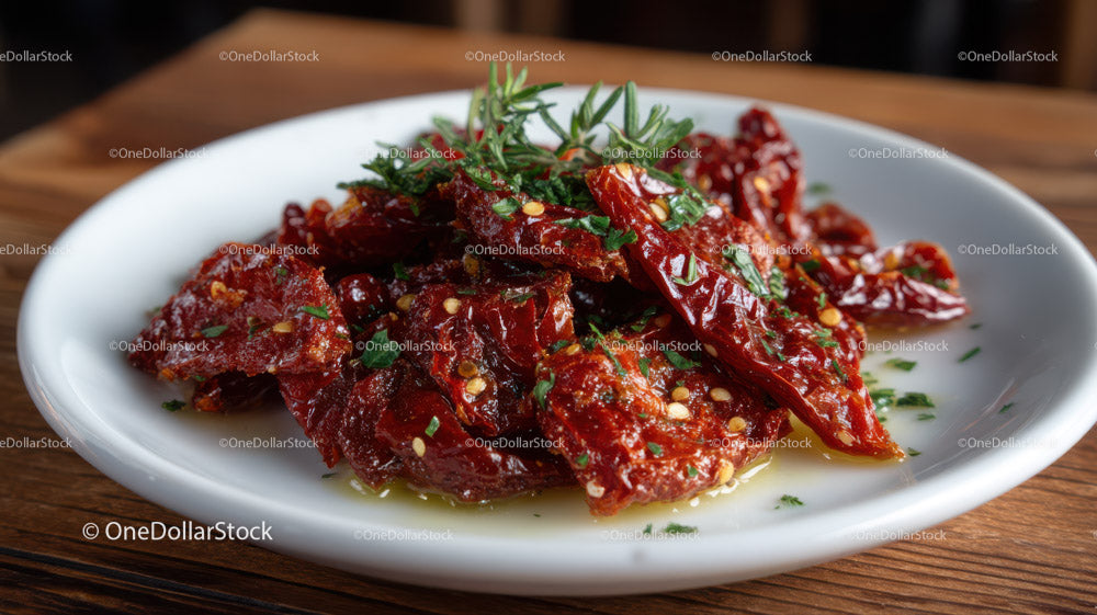 Sun-Dried Tomato Appetizer with Herbs on Rustic Wooden Table