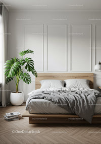 Modern Minimalist Bedroom with Green Monstera and Wooden Elements