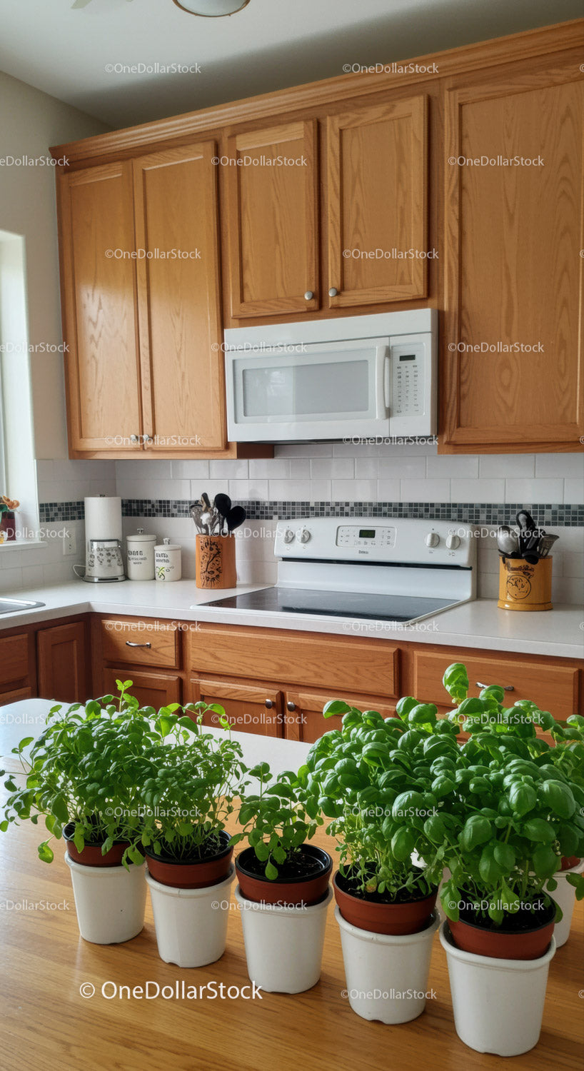 Bright Cozy Kitchen with Wooden Cabinets and Green Potted Herbs