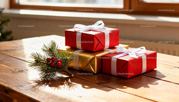 Christmas presents wrapped in red and gold on wooden table