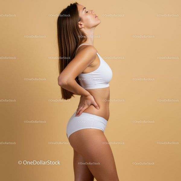 Confident Woman with White Fitness Outfit Posing Against Beige Background