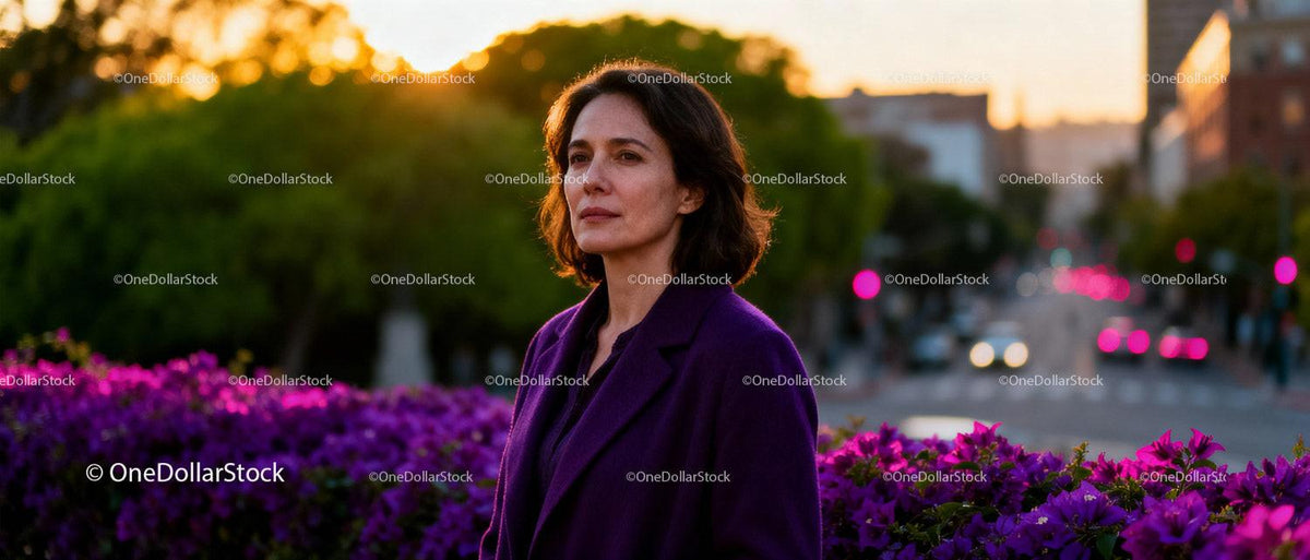 Contemplative woman in purple coat standing by flowers