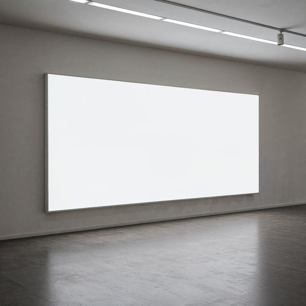 Minimalist empty art gallery with large white canvas JPG Mockup Image