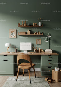 Modern home office with green walls and wooden furniture
