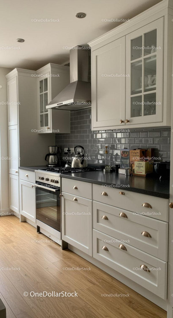 Contemporary White Kitchen with Gray Backsplash and Wooden Floor