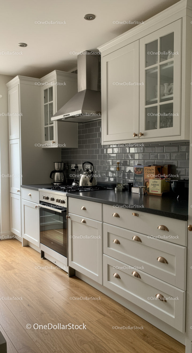 Contemporary White Kitchen with Gray Backsplash and Wooden Floor