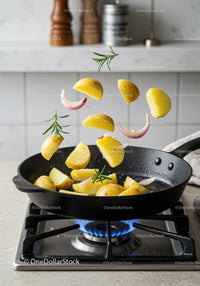 Sautéed Potatoes and Garlic Flipping in Cast Iron Skillet