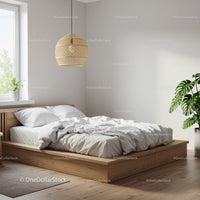 Cozy minimalist bedroom with natural light and plants