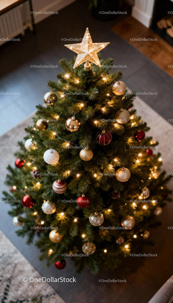 Festive Christmas tree with glowing star and ornaments