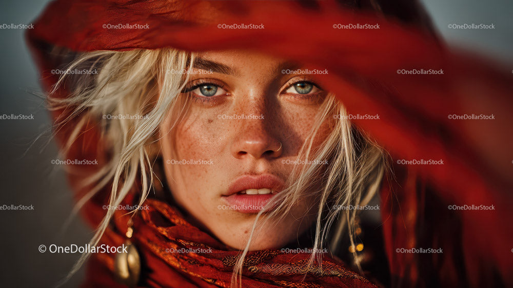 Portrait of a Stylish Young Woman with Blonde Hair and Blue Eyes in Desert