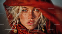 Portrait of a Stylish Young Woman with Blonde Hair and Blue Eyes in Desert