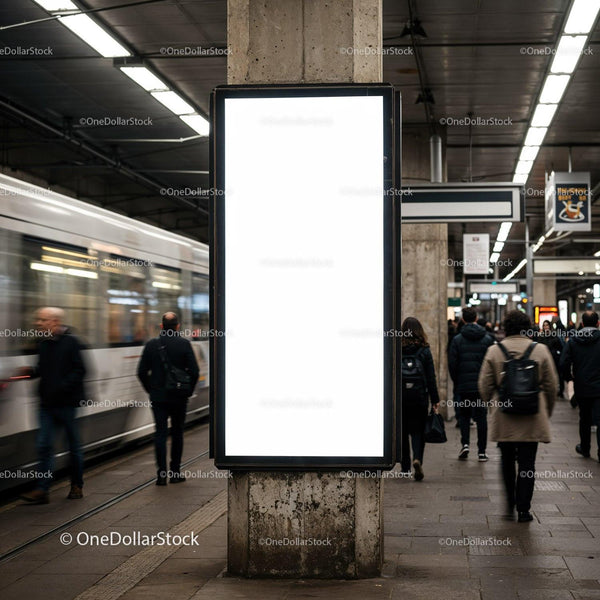 Blank illuminated billboard in busy subway station JPG Mockup Image