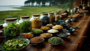 Herb and Spice Collection in Glass Jars on Wooden Table