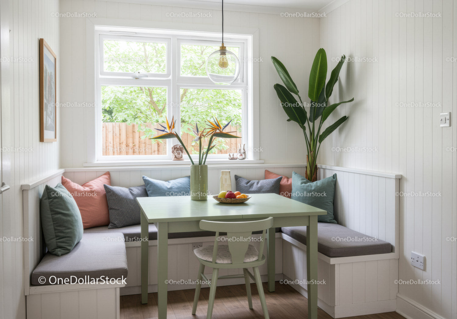 Bright Cozy Kitchen Nook with Indoor Plants and Pastel Green Table