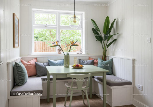 Bright Cozy Kitchen Nook with Indoor Plants and Pastel Green Table