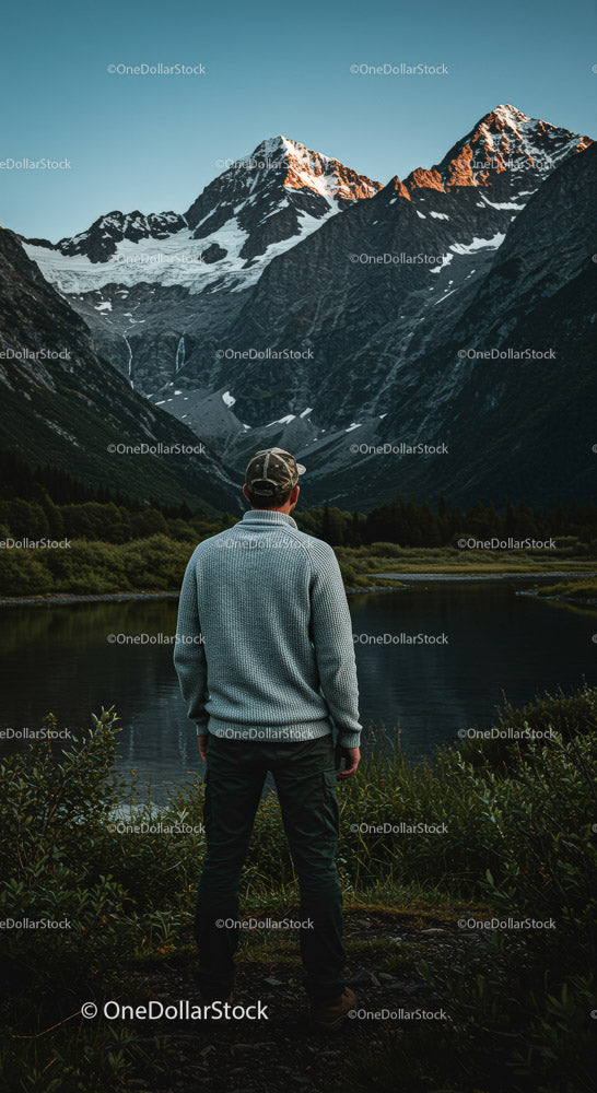Adventurous Man Enjoying Scenic Mountain Reflection at Sunset