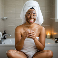 Woman Enjoying Facial Skincare Routine in Cozy Bathroom