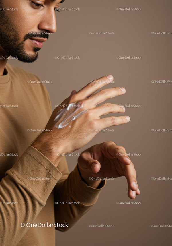 Close-Up of Man Applying Hand Lotion for Skin Care Routine