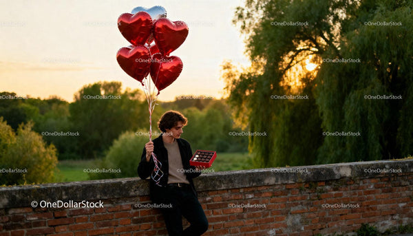 Young man holding heart balloons and chocolates outdoors