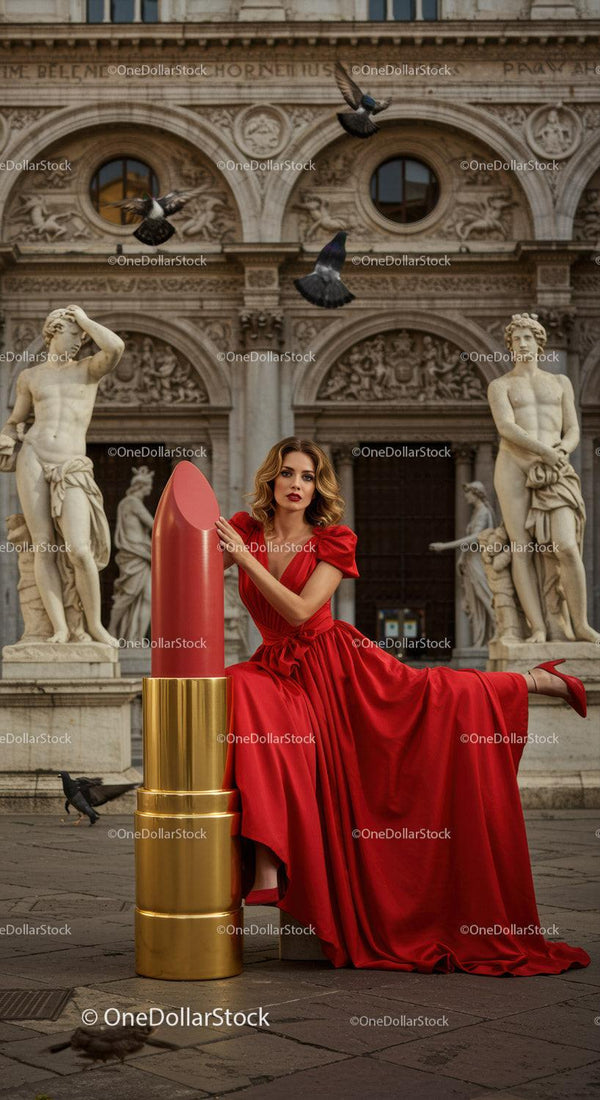 Elegancka kobieta pozująca z gigantyczną szminką na historycznym placu