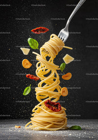 Twisted spaghetti with herbs and spices mid-air
