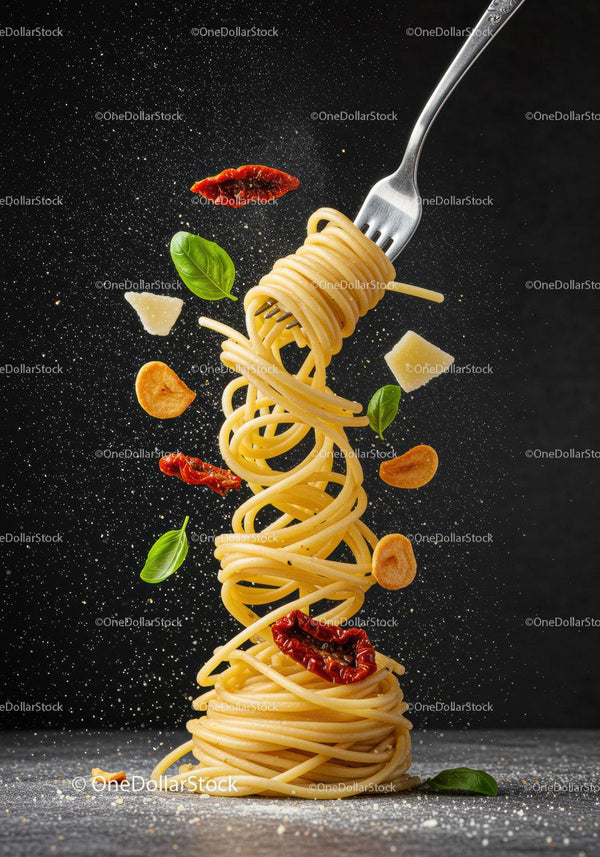 Twisted spaghetti with herbs and spices mid-air