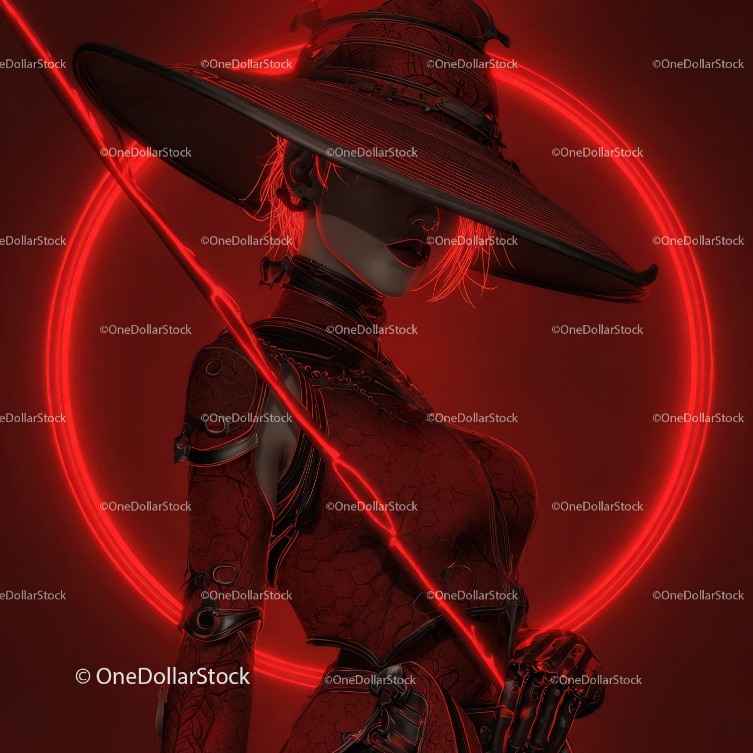 Futuristic Samurai in Neon Red Armor Holding Umbrella