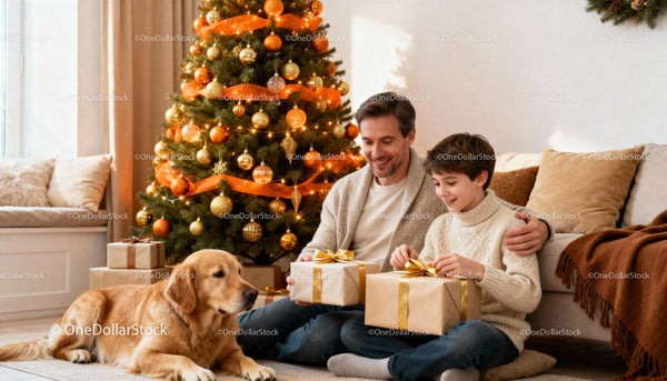 Father and son opening gifts by Christmas tree with dog
