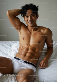 Smiling athletic man relaxing on bed in white underwear