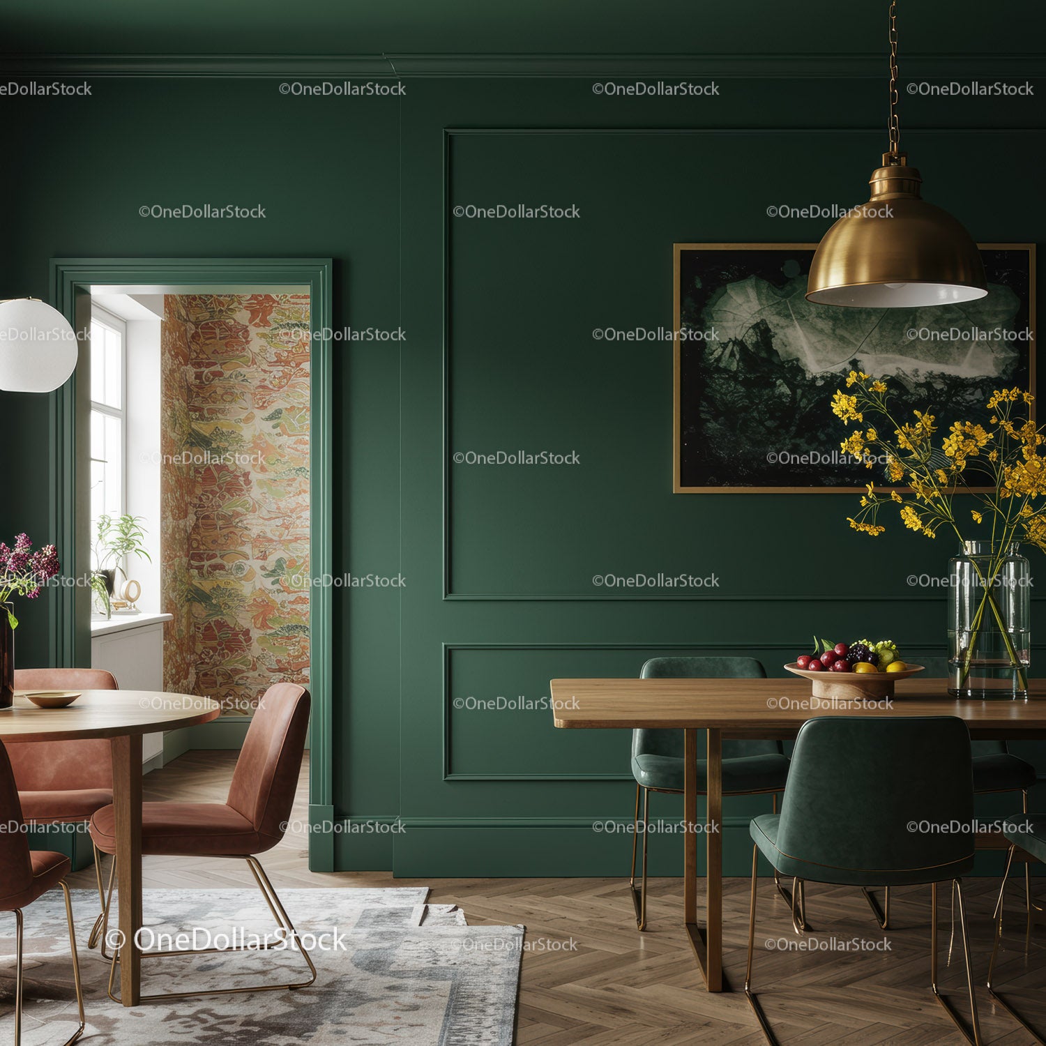 Elegant Green Dining Room with Gold Pendant Light and Velvet Chairs